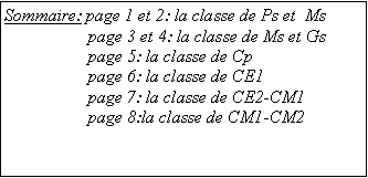 Zone de Texte: Sommaire: page 1 et 2: la classe de Ps et  Ms                   page 3 et 4: la classe de Ms et Gs                   page 5: la classe de Cp                   page 6: la classe de CE1                   page 7: la classe de CE2-CM1                   page 8:la classe de CM1-CM2