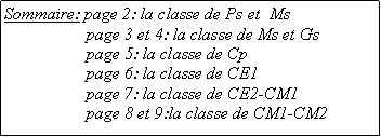 Zone de Texte: Sommaire: page 2: la classe de Ps et  Ms                   page 3 et 4: la classe de Ms et Gs                   page 5: la classe de Cp                   page 6: la classe de CE1                   page 7: la classe de CE2-CM1                   page 8 et 9:la classe de CM1-CM2