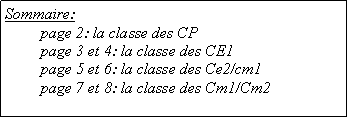 Zone de Texte: Sommaire: 	page 2: la classe des CP      	page 3 et 4: la classe des CE1      	page 5 et 6: la classe des Ce2/cm1   	page 7 et 8: la classe des Cm1/Cm2